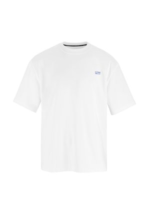 Ein schlichtes weißes T-Shirt mit kurzen Ärmeln und einem kleinen blauen "OUTDOOR POOL TIMES"-Logo auf der linken Brust.