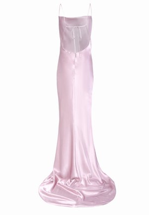 Roze satijnen maxi-jurk met dunne bandjes, een diepe rug en striksluiting. Gladde textuur; aansluitende silhouet met een vloeiende rok.