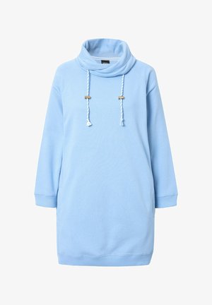 Hellblaues Sweatshirtkleid mit Kapuze, Zugbandakzenten, langen Ärmeln und einem weichen, strukturierten Stoff. Verfügt über zwei seitliche Taschen.