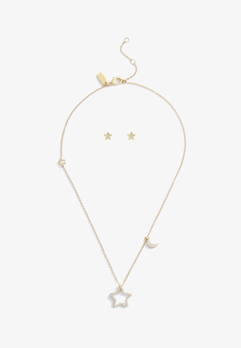 Gouden sieradenset met een sterrenhanger en een halve maan bedel met heldere stenen accenten; inclusief bijpassende sterrenstud oorbellen.