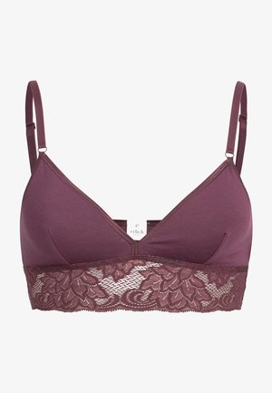 Mauve bralette with a smooth fabric upper and intricate lace trim along the bottom. Adjustable straps and tag visible inside.