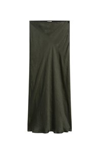 Dunkelolivgrünes Maxikleid mit strukturiertem Finish, das einen schlichten geraden Schnitt und einen dezenten Rundhalsausschnitt aufweist. Keine sichtbaren Beschläge oder Akzente.