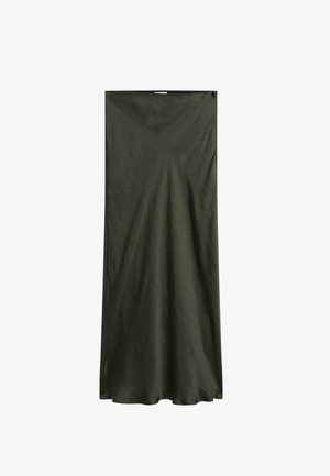 Mörk olivgrön maxiklänning med en strukturerad yta, med en enkel rak skärning och en subtil rundad halsringning. Ingen synlig hårdvara eller detaljer.