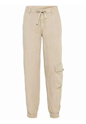 Beige cargo pants with elastic cuffs, a drawstring waist, belt loops, and a buttoned flap pocket on the right thigh.