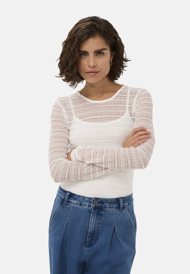 Weißes Langarmoberteil mit einem strukturierten Spitzenmuster, horizontalen Streifen und einem runden Ausschnitt, kombiniert mit blauen High-Waist-Jeans.