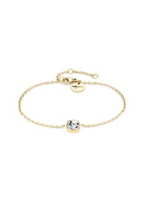 Bracciale in oro con una pietra centrale in zirconia cubica trasparente in montatura quadrata, dotato di chiusura a moschettone e catena regolabile.