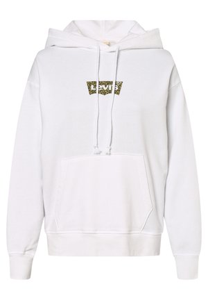 Hvit hettegenser laget av en blanding av bomull, med en stor kengurulomme, snorhette og en leopardmønstret Levi's-logo på brystet.