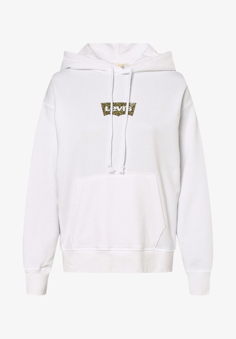 Hvit hettegenser laget av en blanding av bomull, med en stor kengurulomme, snorhette og en leopardmønstret Levi's-logo på brystet.