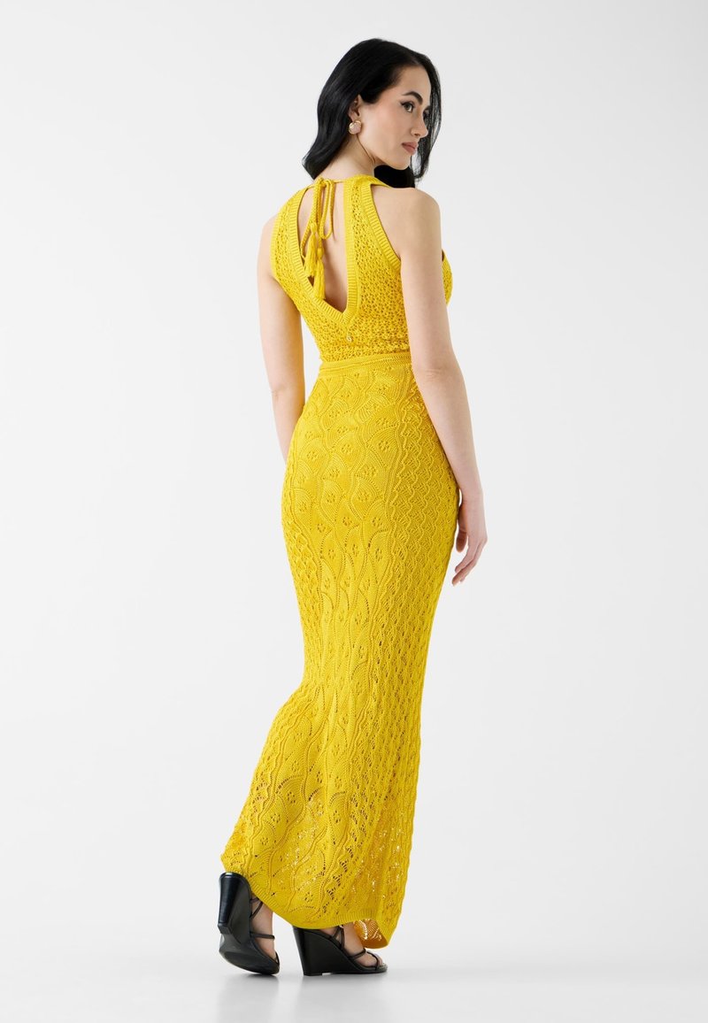 guess yellow lace dress Guess Women's Lace Cage-back Sleeveless Midi Dress In Citron