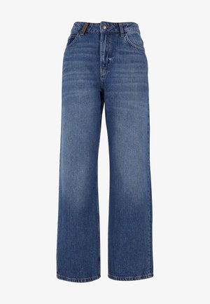 Laiad jalgadega denim teksad, mis on valmistatud keskmise kaaluga sinisest puuvillakudumist. Omab klassikalist viit taskut ja lukuga esiots, millel on nööbiga kinnitamine.