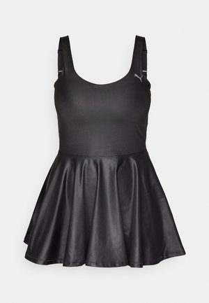 Vestido negro sin mangas con un cuerpo ajustado y una falda acampanada de satén. Presenta un escote redondo y un sutil detalle del logo en la parte superior izquierda.
