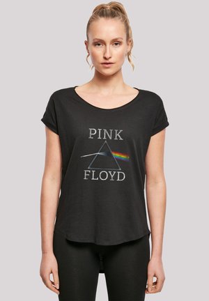 Black short-sleeve t-shirt with rounded neckline, featuring a graphic print of a prism and rainbow, styled with loose fit.