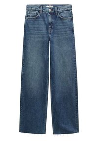 Traperice visokog struka, širokog kroja u tamnoplavoj denim boji. Sadrže klasičan petodžepni stil i isfrkane rubove. Glatka tekstura s blagim izbljeđivanjem.