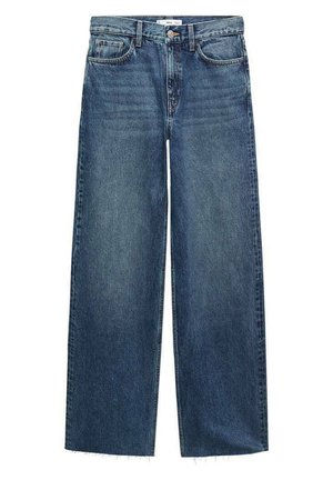 Jeans a vita alta e gamba larga in denim blu scuro. Presentano il classico stile a cinque tasche e orli sfrangiati. Texture liscia con leggera scoloritura.