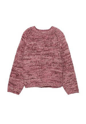 Chunky knit pink and burgundy marled sweater with long sleeves and a round neckline, laid flat on a white background.