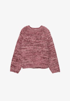 Chunky knit pink and burgundy marled sweater with long sleeves and a round neckline, laid flat on a white background.
