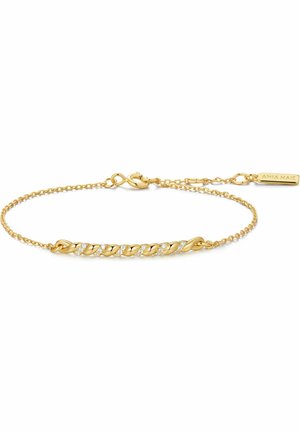 Bracciale a catena d'oro con maglie attorcigliate e piccoli diamanti incastonati, dotato di chiusura a moschettone e targhetta rettangolare incisa con "AMIA MAIE."