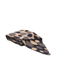 Sciarpa a stampa leopardata in beige e nero, realizzata in tessuto morbido. Forma triangolare con bordi arrotolati. Presenta grandi macchie in un motivo testurizzato.