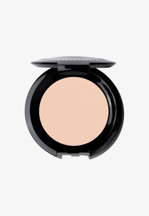Powder compact with a reflective black lid, opening to reveal a smooth, light beige powder surface. Round shape; no visible texture details.