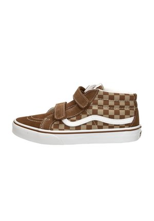 Braune Wildleder- und kariertem Canvas-High-Top-Sneaker mit weißen Akzenten, ausgestattet mit zwei Klettverschlüssen zur sicheren Versch closure.