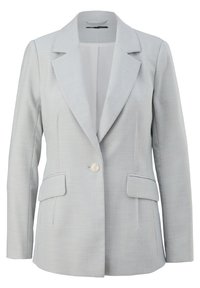 Blazer gris clair à un bouton avec revers crantés et poches à rabat, manches longues et coupe cintrée.