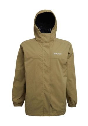 Veste imperméable beige avec capuche, dotée d'une fermeture éclair à l'avant, de poignets élastiques et d'un logo "JACKIT" sur la poitrine. Texture de tissu lisse et durable.