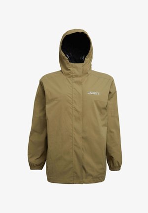 Beige vodotěsná bunda s kapucí, s předním zipem, elastickými manžetami a logem "JACKIT" na hrudi. Hladká, odolná textilie.
