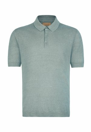 Hellgrünes kurzärmeliges Poloshirt mit drei Knöpfen und weicher Strickstruktur, mit klassischem Kragen und gerippten Ärmelbündchen.