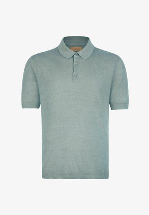 Hellgrünes kurzärmeliges Poloshirt mit drei Knöpfen und weicher Strickstruktur, mit klassischem Kragen und gerippten Ärmelbündchen.