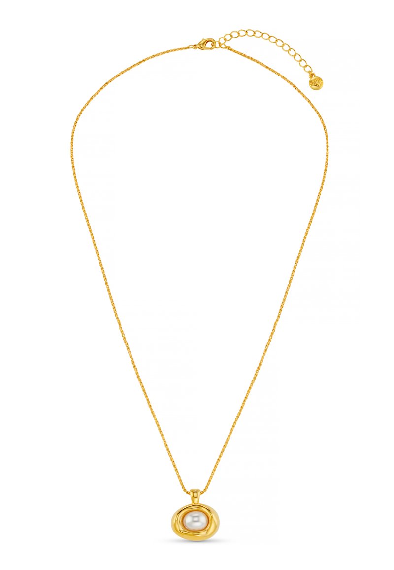 Κολιέ με χρυσή αλυσίδα που διαθέτει στρογγυλό μενταγιόν με μαργαριτάρι, τοποθετημένο σε υφή, οβάλ πλαίσιο από χρυσό. Ρυθμιζόμενο κούμπωμα με επέκταση αλυσίδας.