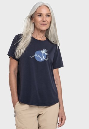 Navy blue short-sleeve t-shirt made of soft material, featuring a white graphic design of a flower and a mountain on the front.