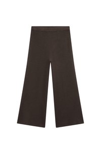Pantalon marron à jambes larges avec une texture lisse, fabriqué en tissu extensible, doté d'une taille haute et sans attaches visibles.