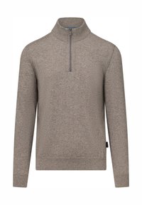 Grauer Pullover mit Viertel-Reißverschluss am Kragen, aus strukturiertem Stoff gefertigt. Lange Ärmel, gerippter Saum und minimalistisches Design.