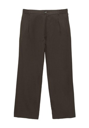 Pantaloni marrone scuro a gamba dritta con chiusura frontale con bottone e cerniera, tasche laterali a fessura e passanti per cintura sulla vita.