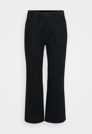 Black leopard print flared jeans with five pockets, button closure, zipper fly, and textured fabric. Features a subtle animal pattern.