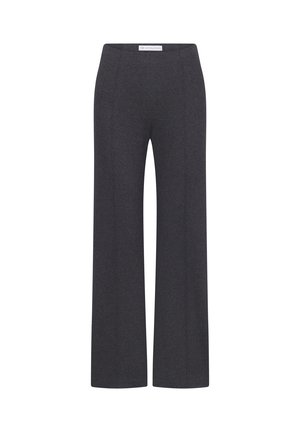 Dark gray straight-leg pants with a high waist and visible seam lines running down the front.