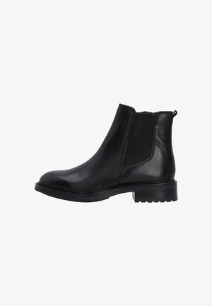 Schwarze Lederstiefeletten mit elastischen Seiteneinsätzen, runder Spitze und einem niedrigen, strukturierten Gummihighheel. Mit einer Zuglasche an der Rückseite für einfaches An- und Ausziehen.