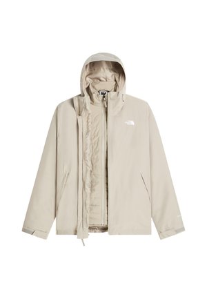 Hellbeige North Face Kapuzenjacke mit Frontreißverschluss und zwei Seitentaschen, offen gezeigt, sodass das wattierte Innenfutter sichtbar ist.