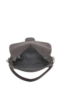 Dark gray suede handbag with open flap showing empty black fabric interior and single handle strap with silver hardware.