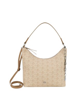 Beige håndtaske med et struktureret mønster, buet form og skulderrem. Har en aftagelig kædeaccent og en lynlåslukning.