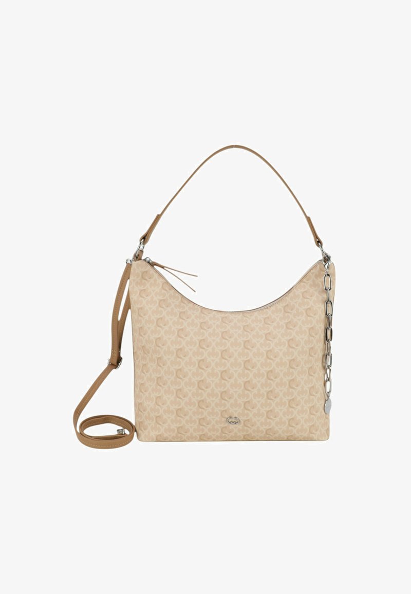 Beżowa torebka z teksturowanym wzorem, o krzywej formie i pasku na ramię. Posiada odpinany akcent w postaci łańcuszka oraz zamek błyskawiczny.