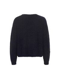 Pull en tricot bleu marine, à coupe ample, avec des épaules tombantes et des poignets côtelés. Tissu texturé avec un aspect confortable et épais.