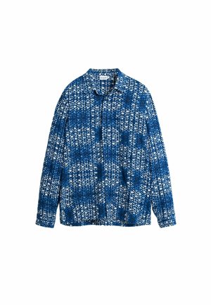 Long-sleeve button-up shirt with a blue and white geometric tie-dye pattern, spread collar, and a straight hem.