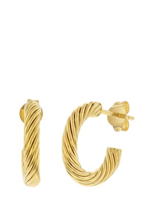 Pair of small gold twisted hoop earrings with post and butterfly back fastenings on white background.