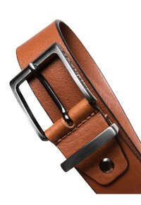 Brown leather belt with a smooth texture, featuring a rectangular silver metal buckle and stitching detail near the buckle.