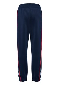 Marineblaue Jogginghosen mit roten Seitenstreifen und weißen Chevron-Details nahe den elastischen Knöchelabschlüssen, Rückansicht.