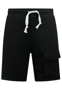 Zwarte shorts met een geribde textuur, elastische tailleband, witte trekkoord en zijzakdetails.