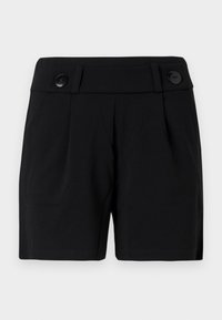 Shorts noirs en tissu tissé, présentant un devant plat, deux plis avant et deux boutons noirs à la taille.