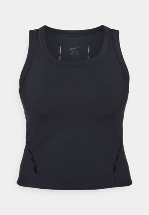Sort atletisk tanktop lavet af strækbart stof. Har en rund halsudskæring, racerback-design og udsmykkede udskæringer på siderne.