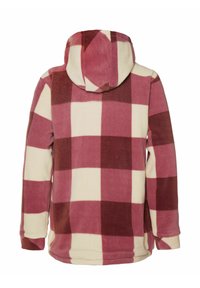 Veste en polaire à capuche avec un grand motif à carreaux dans des tons de rose, bordeaux et crème, vue de dos.